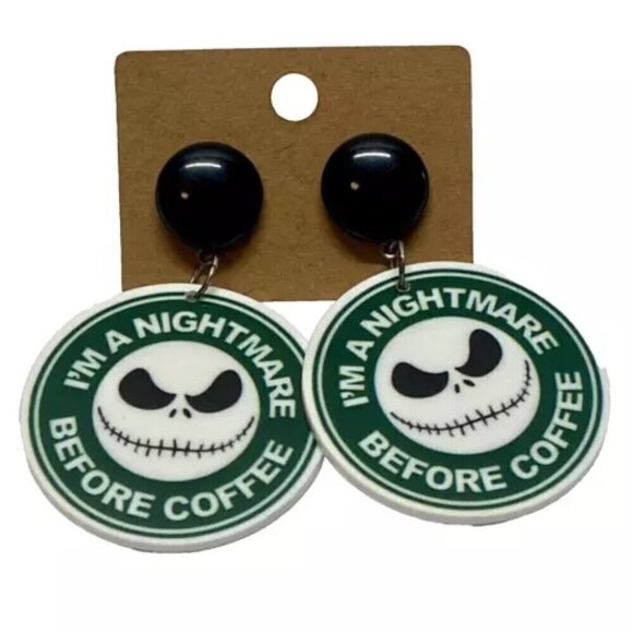 I'm A Nightmare Before Coffee Round Pendant Style Studded Dangle Earrings NWOT - Picture 1 of 7